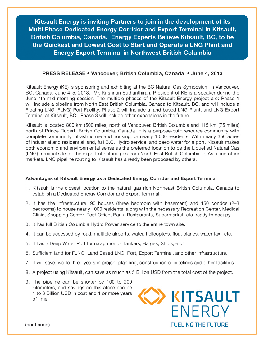 Kitsault Energy Press Release